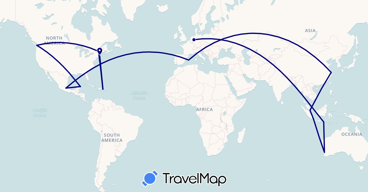 TravelMap itinerary: driving in Australia, Canada, China, Germany, Dominican Republic, Spain, Indonesia, Mexico, Singapore, United States (Asia, Europe, North America, Oceania)